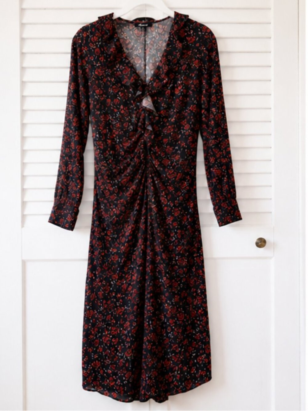 Madewell Floral Ruched Ruffle Midi Dress Black Red Romantic Size 10 - Picture 4 of 8